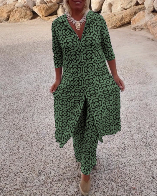 Mia | Women's Straight Pants & Longline Printed Shirt Set