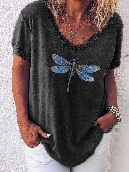 Myfanwy | Women's Dragonfly Print V-Neck Short Sleeve Everyday Tee