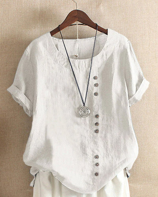 Clementine | Women's Button Front Crew Neck Short Sleeve Everyday Top