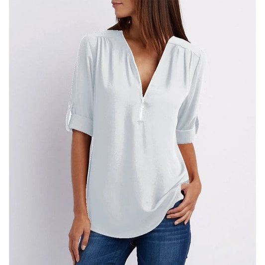 Nan | Women's Zip-Up V-Neck Half Sleeve Everyday Blouse Top