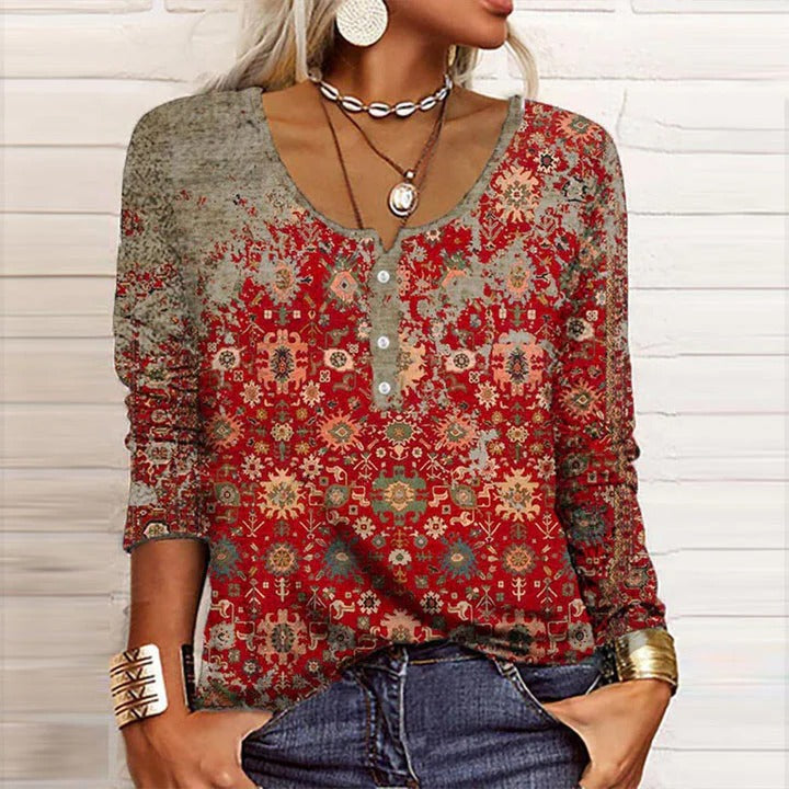 Gill | Women's Boho Print Long Sleeve Top V-Neck Henley Blouse