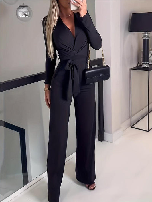 Alannah2™ | Women's Wide Leg Jumpsuit V-Neck Tie Waist