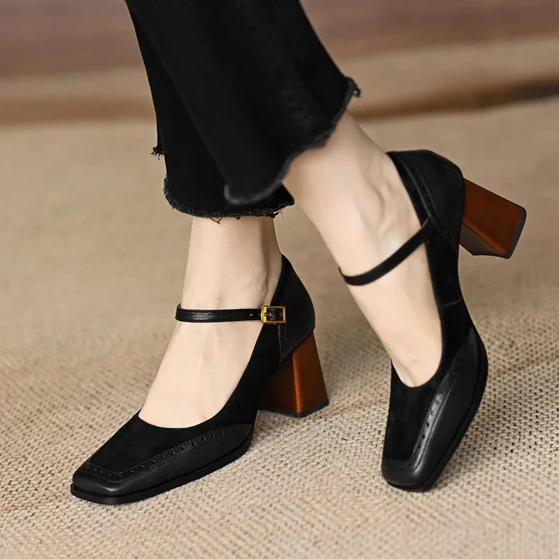 Jorja | Women's Square Toe Block Heel Pumps Ankle Strap Brogue