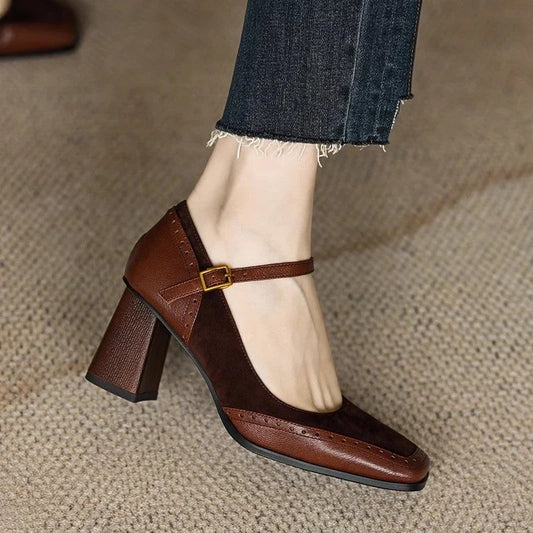 Jorja™ | Women's Square Toe Block Heel Pumps Ankle Strap Brogue