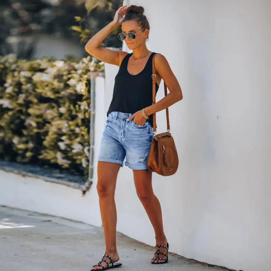 Colette2™ | Women's High Waist Denim Shorts Distressed Rolled Hem