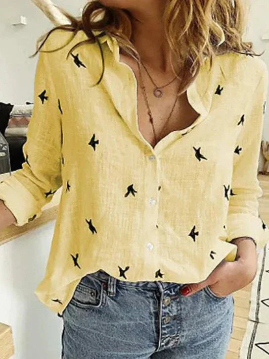 Lydia | Women's Button-Down Shirt Long Sleeve Bird Print Blouse