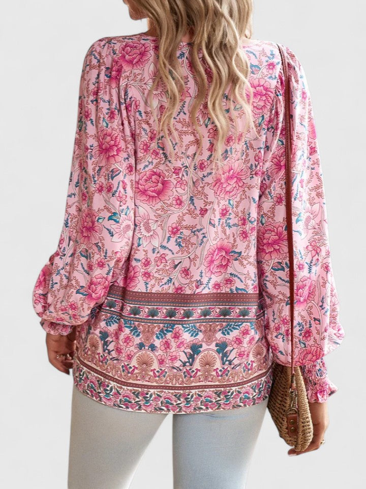 Stefanie | Women's Floral Boho Blouse V-Neck Puff Sleeve Top