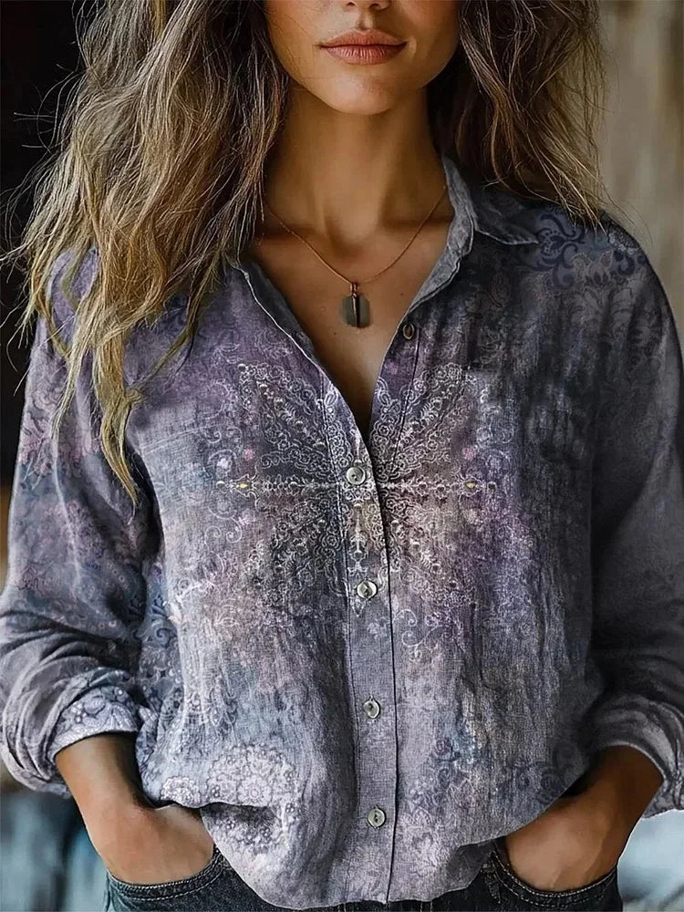 Yarri | Women's Vintage Floral Print Long Sleeve Button-Down Shirt
