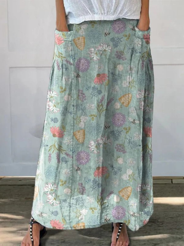 Laura | Blooming Spring Floral And Bumble Bee Pattern Printed Pocket Skirt