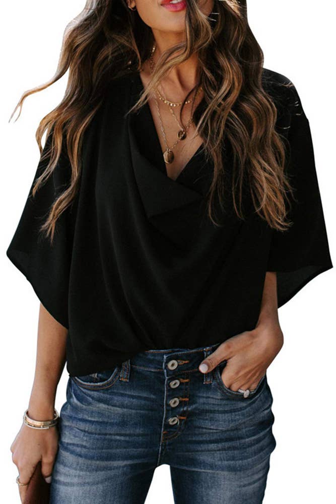 Hannah | Women's Draped Cowl Neck Batwing Sleeve Blouse
