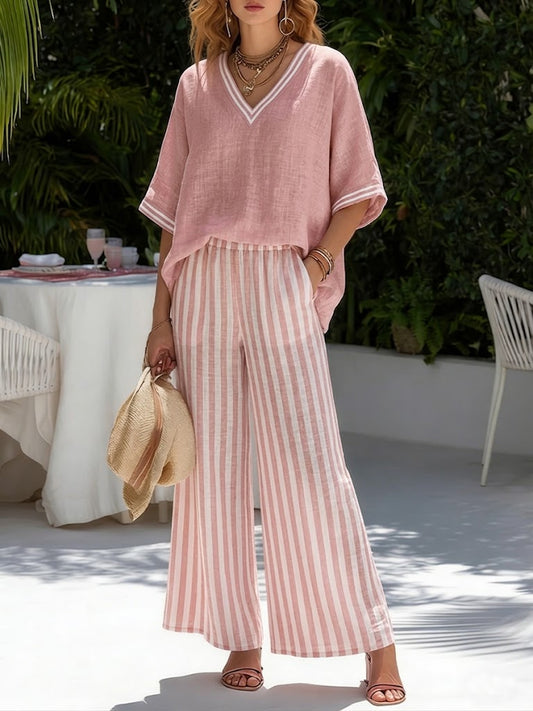 Brynn | Women's Wide Leg Pants Set V-Neck Striped Top