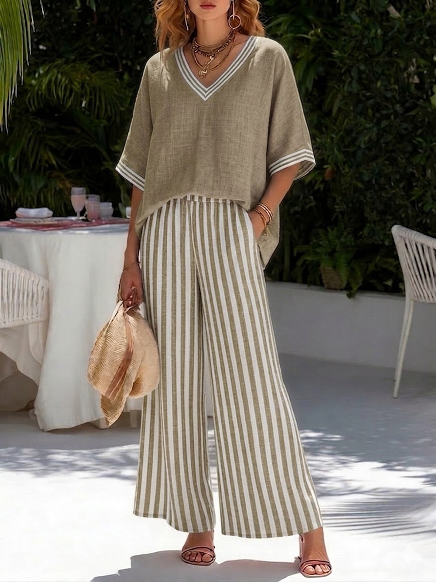 Brynn | Women's Wide Leg Pants Set V-Neck Striped Top