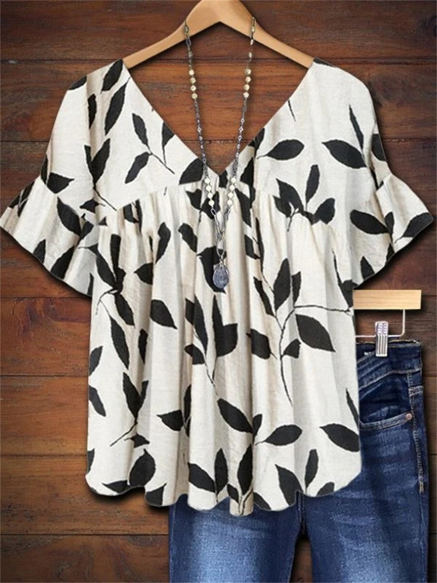 Raven | Women's Leaf Print V-Neck Ruffle Short Sleeve Blouse