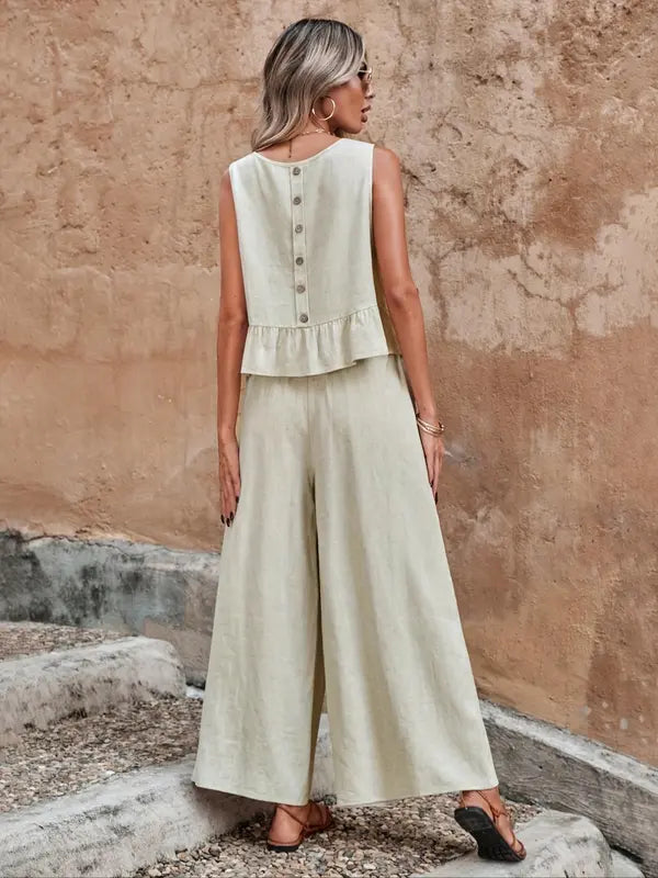 Sage | Women's Wide Leg Pants & Ruffle Sleeveless Top Set