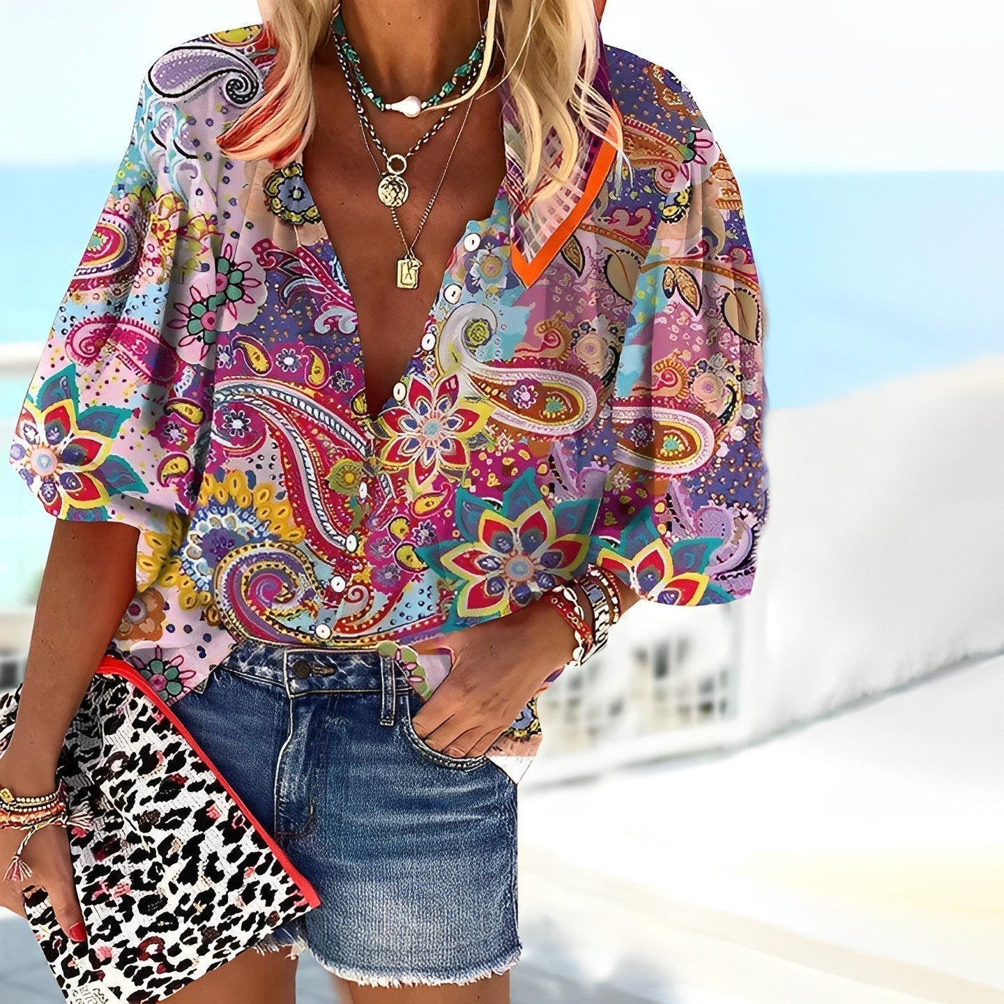 Odile | Women's Boho Paisley Print Button-Up Blouse