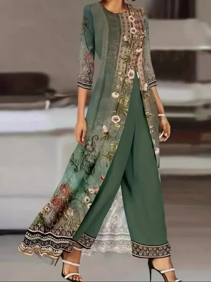 Jade | Women's Wide Leg Pants & Long Floral Top Two-Piece Set
