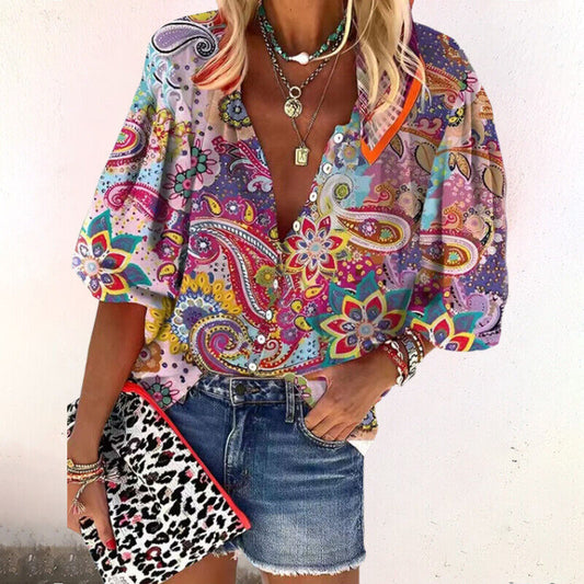Hana2™ | Women's Floral Button Up 3/4 Sleeve Blouse