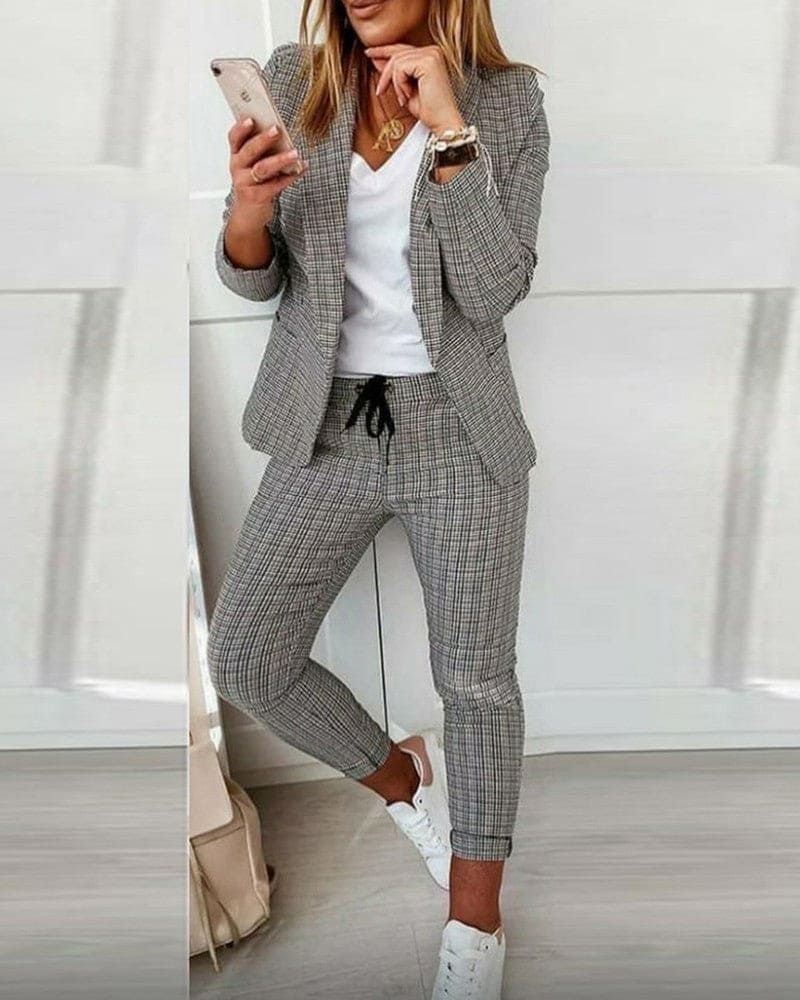 Blair | Women's Plaid Suit Set Slim Pants & Long Sleeve Blazer