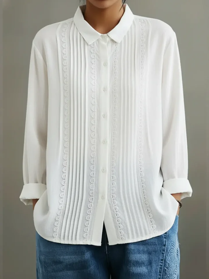 Lucy | Women's Lace Trim Button-Up Long Sleeve Blouse