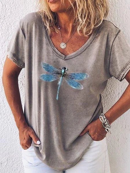 Myfanwy | Women's Dragonfly Print V-Neck Short Sleeve Everyday Tee