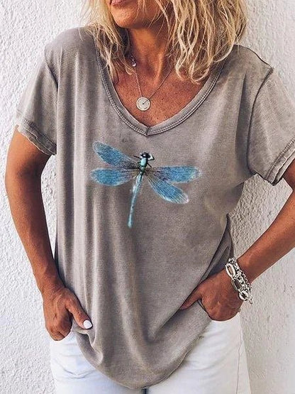 Myfanwy | Women's Dragonfly Print V-Neck Short Sleeve Everyday Tee