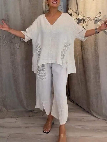 Pearl | Women's Cropped Pants & V-Neck Top Casual 2 Piece Set