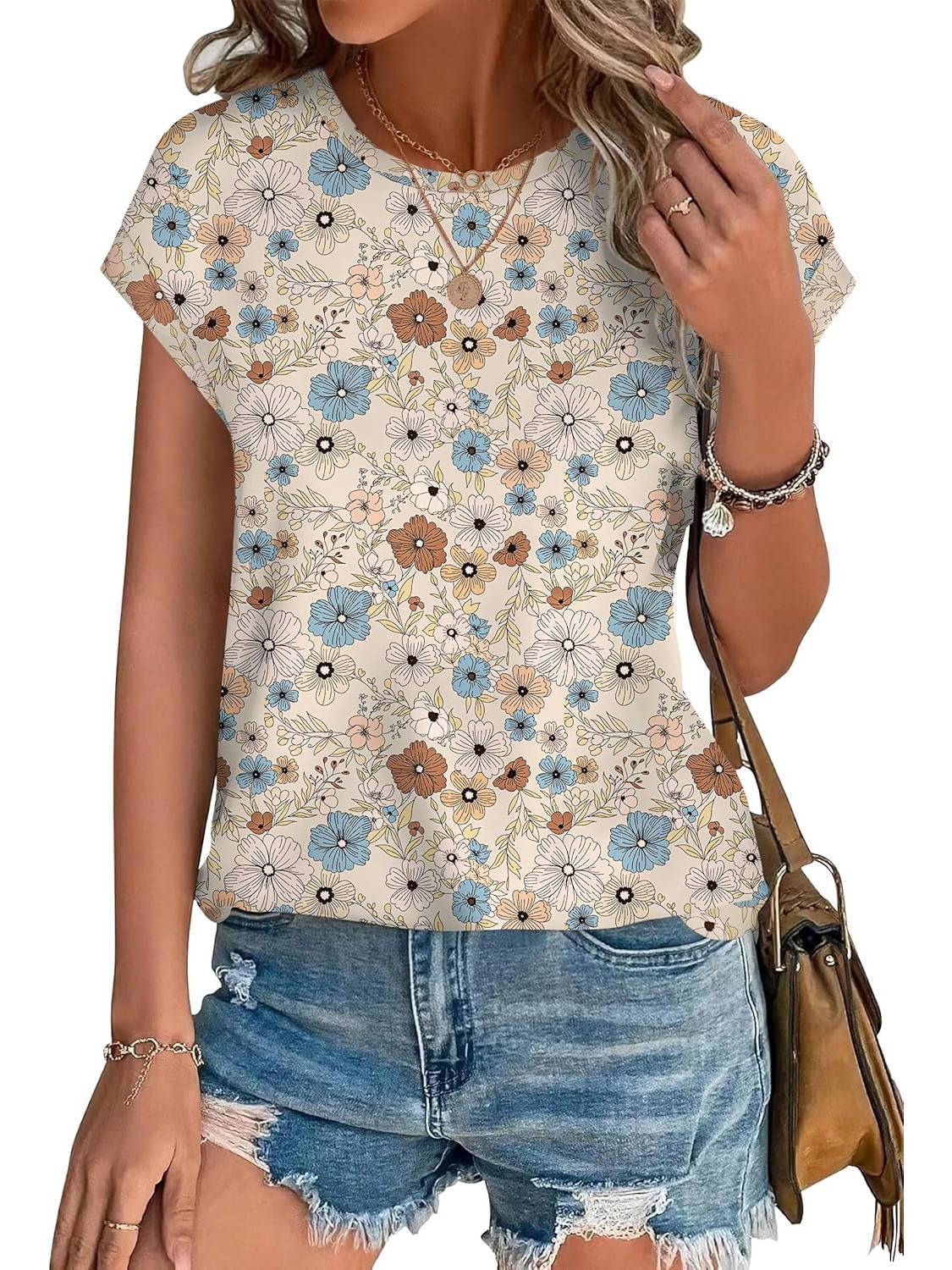 Glory | Women's Leaf Print Crew Neck Cap Sleeve Everyday Top
