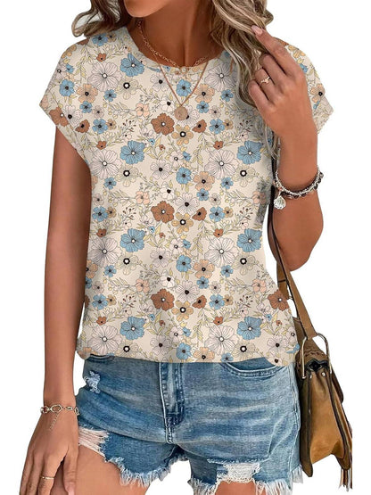 Glory | Women's Leaf Print Crew Neck Cap Sleeve Everyday Top