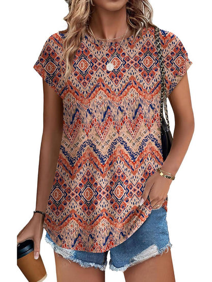 Glory | Women's Leaf Print Crew Neck Cap Sleeve Everyday Top