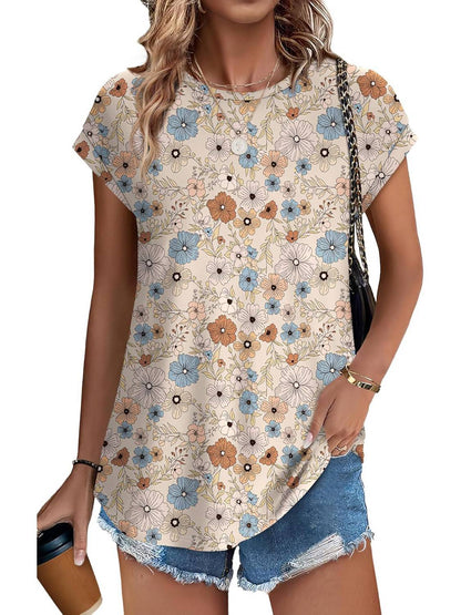 Glory | Women's Leaf Print Crew Neck Cap Sleeve Everyday Top