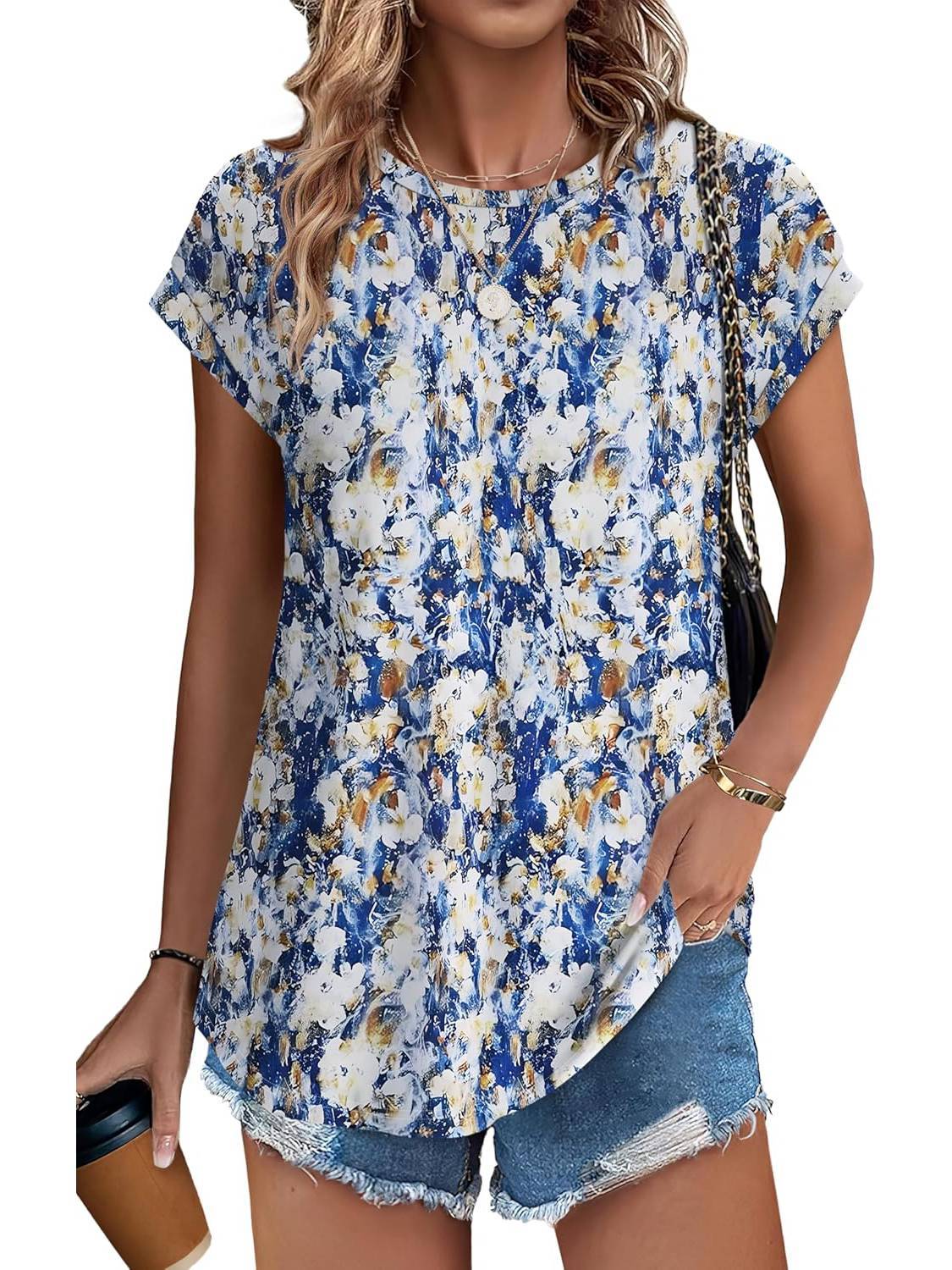 Glory | Women's Leaf Print Crew Neck Cap Sleeve Everyday Top