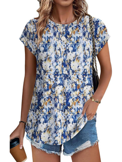 Glory | Women's Leaf Print Crew Neck Cap Sleeve Everyday Top