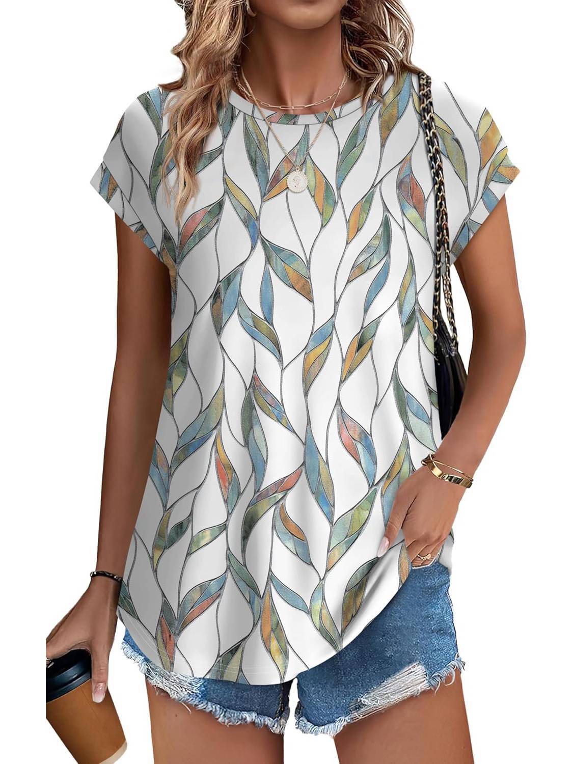 Glory | Women's Leaf Print Crew Neck Cap Sleeve Everyday Top