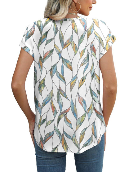 Glory | Women's Leaf Print Crew Neck Cap Sleeve Everyday Top