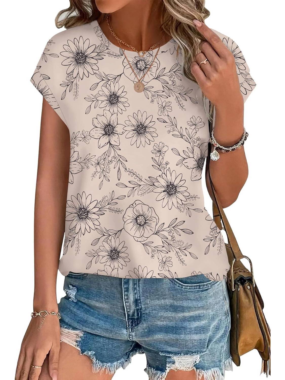 Glory | Women's Leaf Print Crew Neck Cap Sleeve Everyday Top