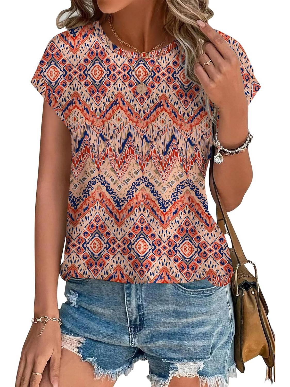 Glory | Women's Leaf Print Crew Neck Cap Sleeve Everyday Top