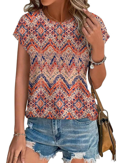 Glory | Women's Leaf Print Crew Neck Cap Sleeve Everyday Top