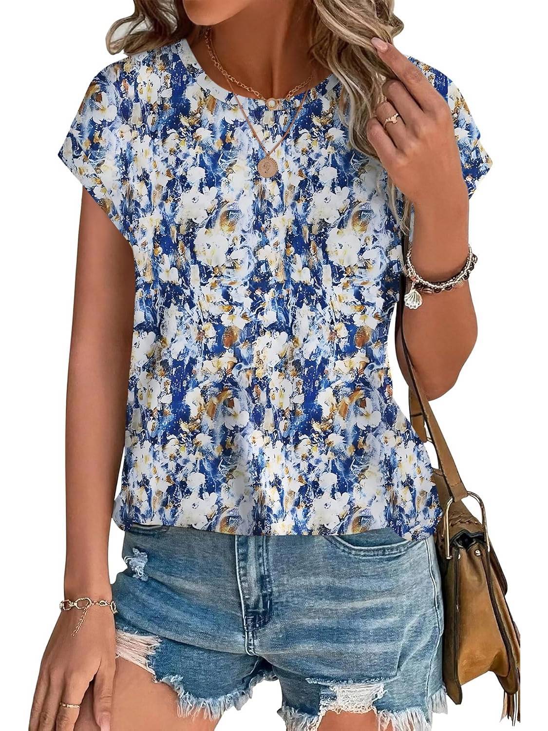 Glory | Women's Leaf Print Crew Neck Cap Sleeve Everyday Top