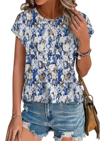 Glory | Women's Leaf Print Crew Neck Cap Sleeve Everyday Top