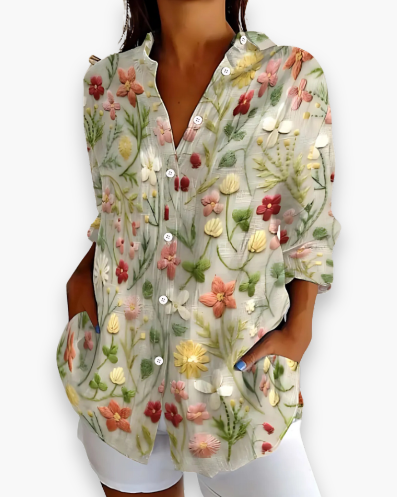 Nesta | Women's Floral Print Button-Down Blouse with 3/4 Sleeves