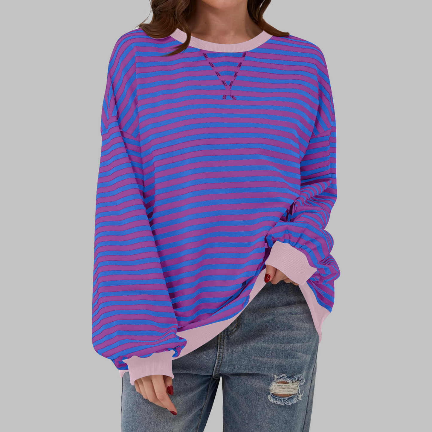 Jessica | Women's Striped Crewneck Long Sleeve Oversized Sweatshirt