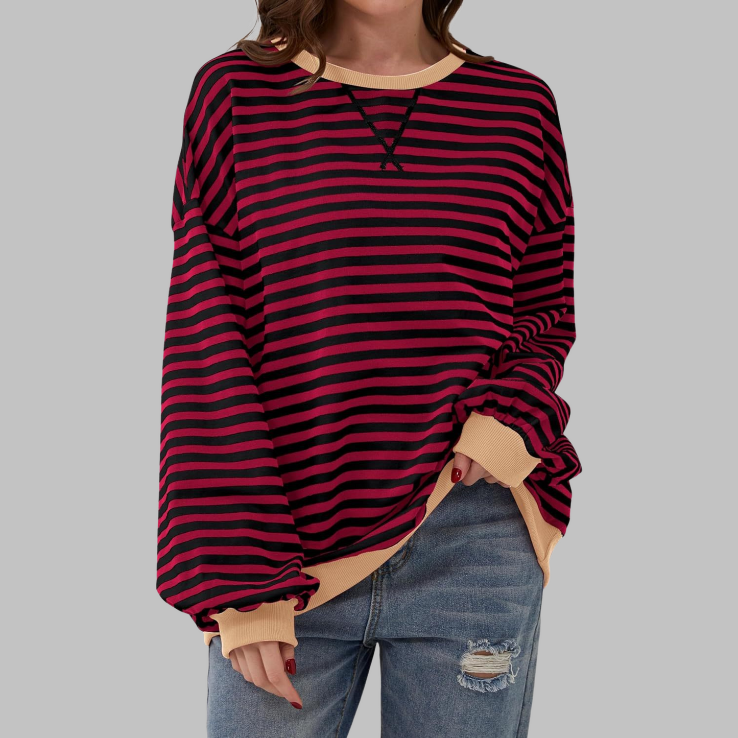 Jessica | Women's Striped Crewneck Long Sleeve Oversized Sweatshirt