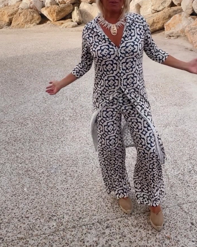 Mia | Women's Straight Pants & Longline Printed Shirt Set
