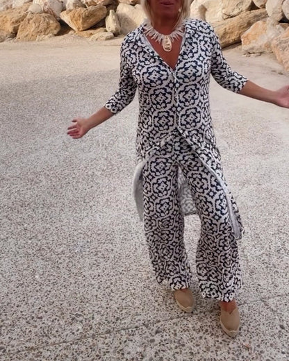 Mia | Women's Straight Pants & Longline Printed Shirt Set