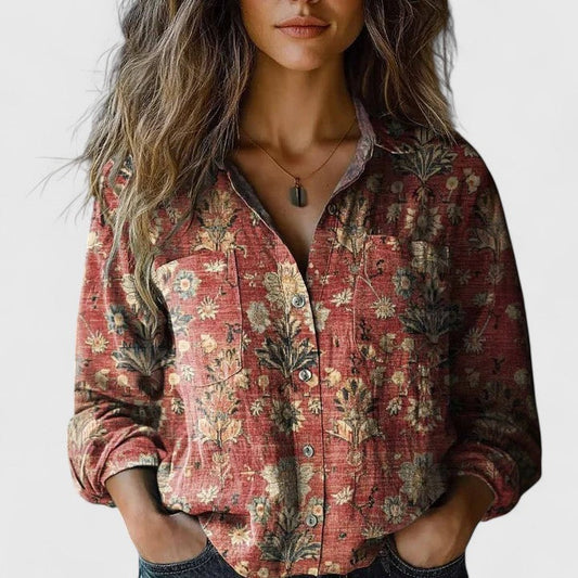 Yarri | Women's Vintage Floral Print Long Sleeve Button-Down Shirt