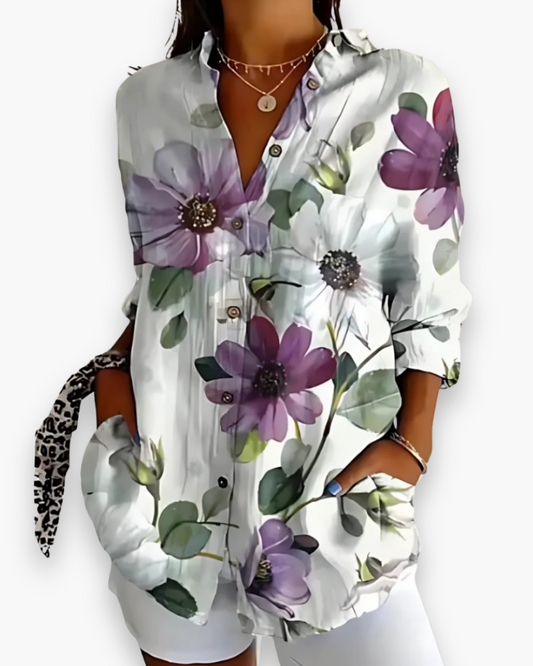 Nesta | Women's Floral Print Button-Down Blouse with 3/4 Sleeves