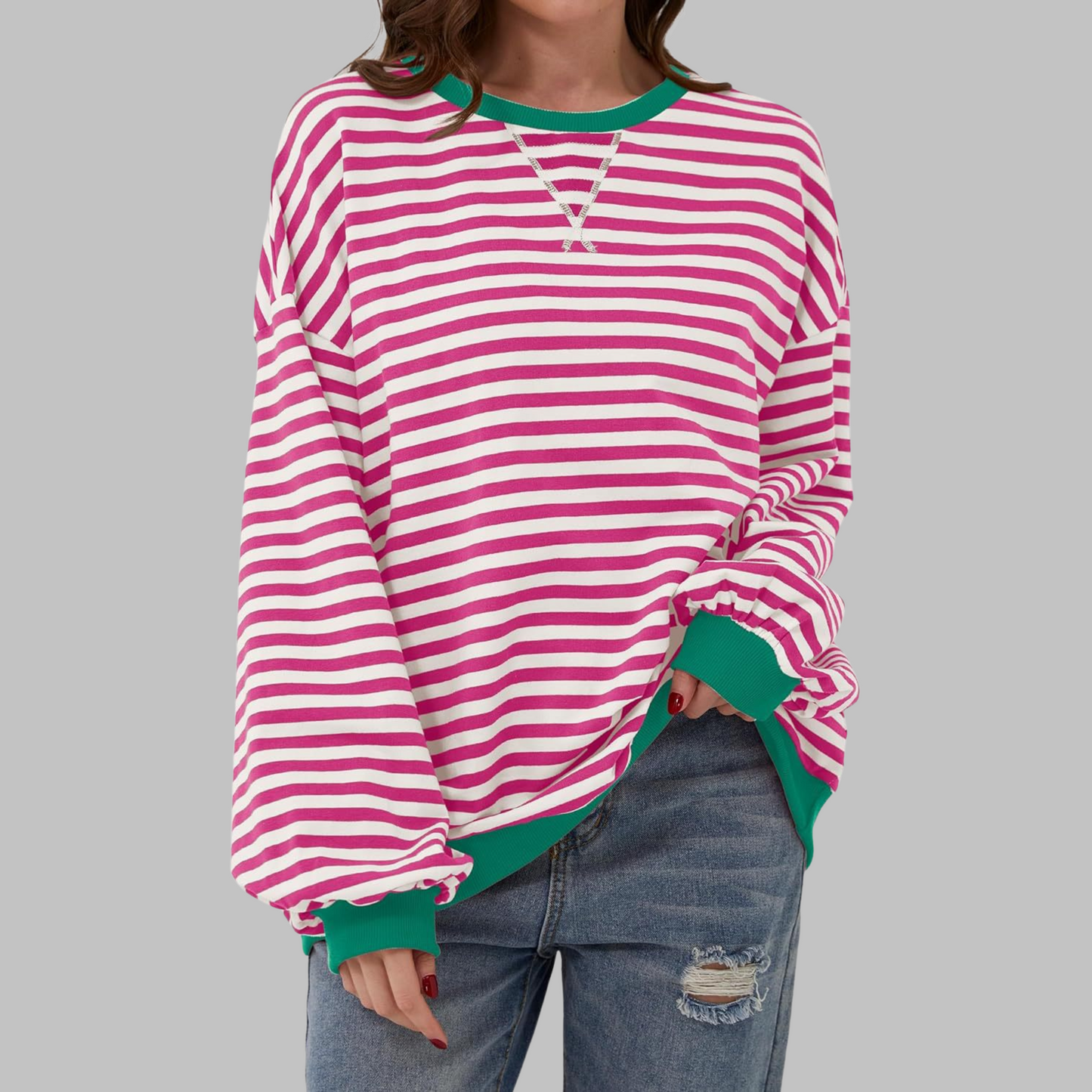 Jessica | Women's Striped Crewneck Long Sleeve Oversized Sweatshirt
