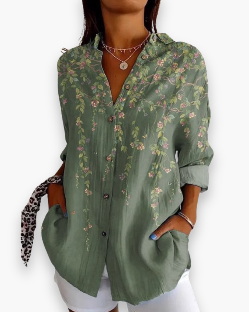Nesta | Women's Floral Print Button-Down Blouse with 3/4 Sleeves