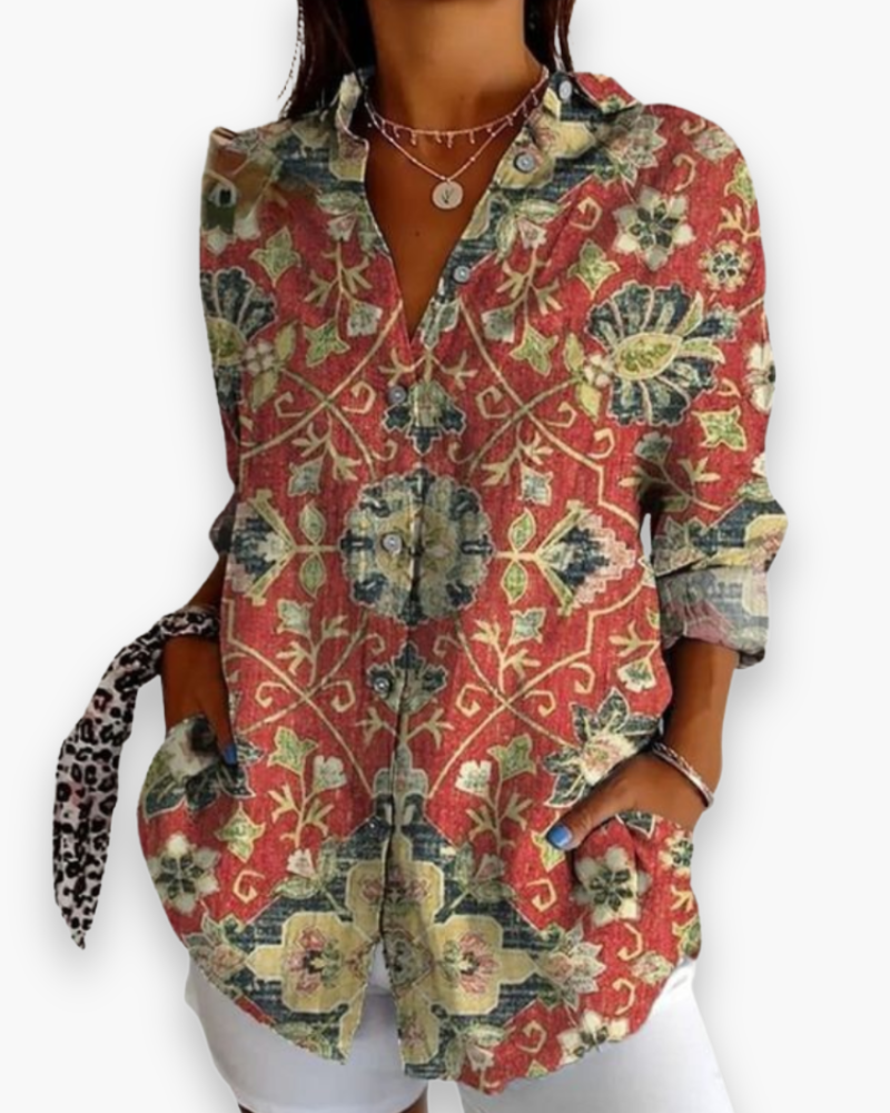 Nesta | Women's Floral Print Button-Down Blouse with 3/4 Sleeves