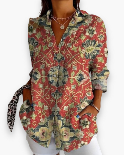 Nesta | Women's Floral Print Button-Down Blouse with 3/4 Sleeves